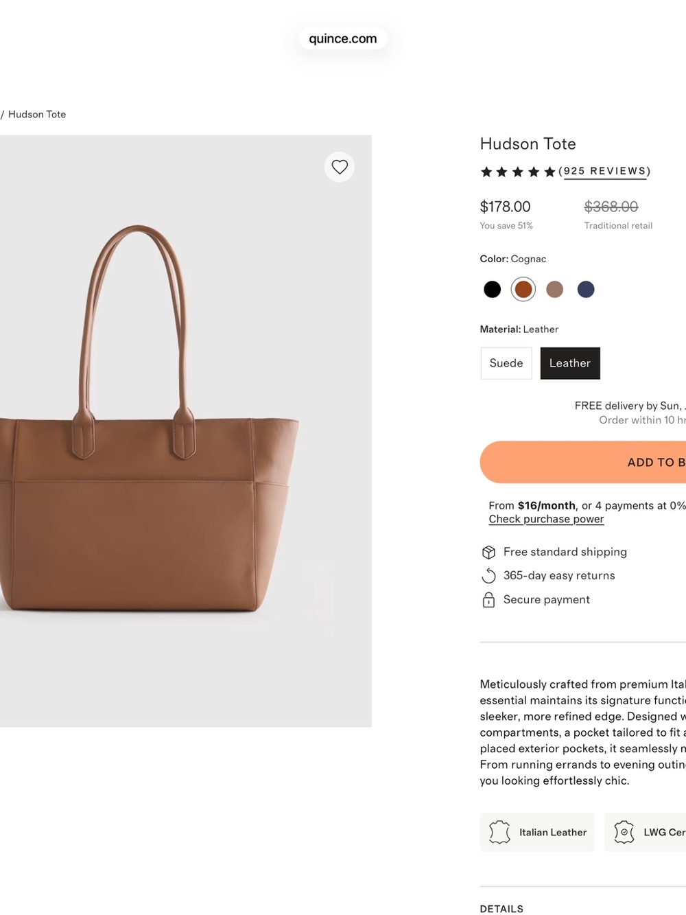 Quince Hudson Tote Cognac Brown Leather
